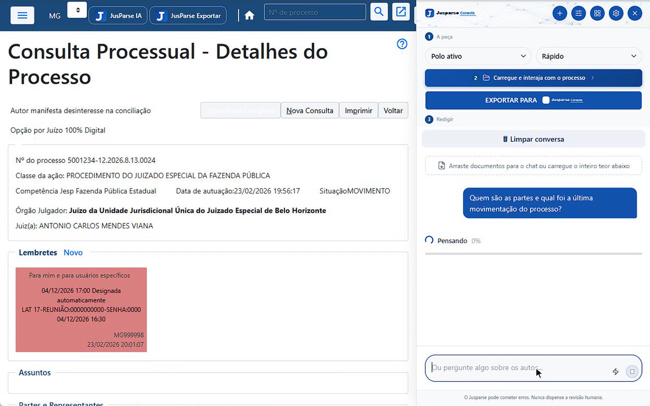 Processo aberto no eproc com o painel do JusParse ao lado, pergunta digitada no chat e leitura aguardando autorização.